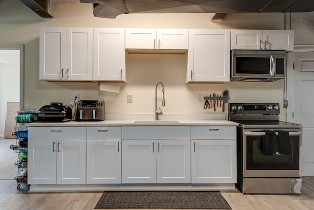 kitchen with light countertops, appliances with stainless steel finishes, a sink, and light wood-style flooring