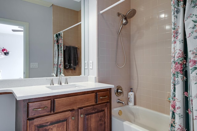 full bath featuring vanity and shower / bath combo with shower curtain