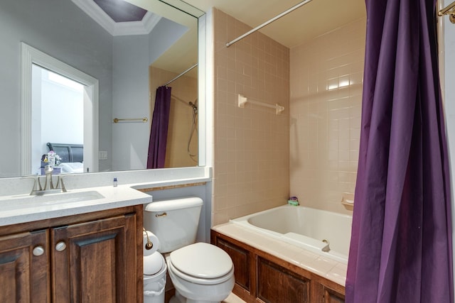 bathroom featuring vanity, ornamental molding, shower / bath combination with curtain, and toilet