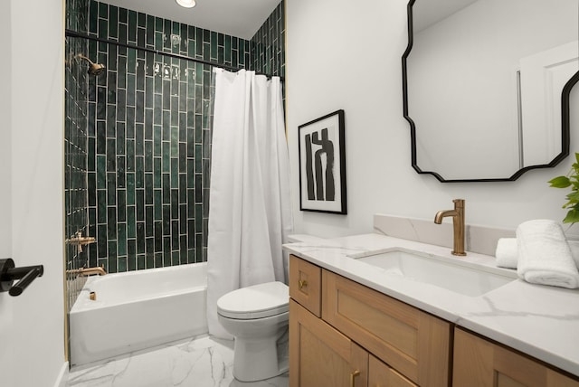 bathroom with marble finish floor, shower / bathtub combination with curtain, toilet, and vanity