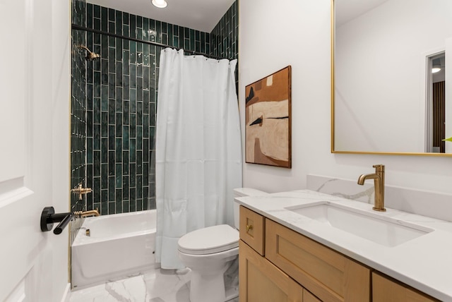 bathroom with marble finish floor, vanity, toilet, and shower / bathtub combination with curtain