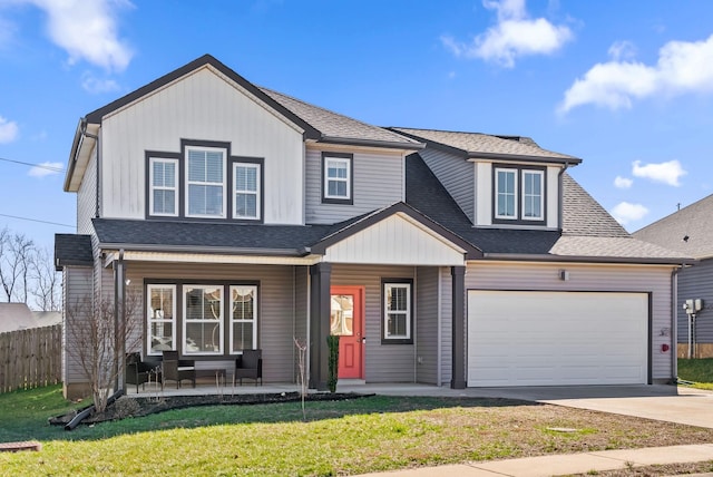 view of front of property with driveway, a porch, roof with shingles, fence, and a front lawn