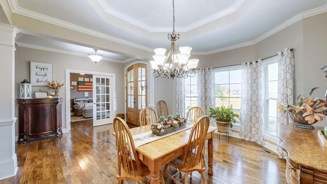 dining space featuring a tray ceiling, wood finished floors, and french doors