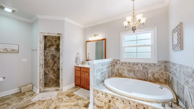 full bathroom with a stall shower, an inviting chandelier, a garden tub, crown molding, and vanity