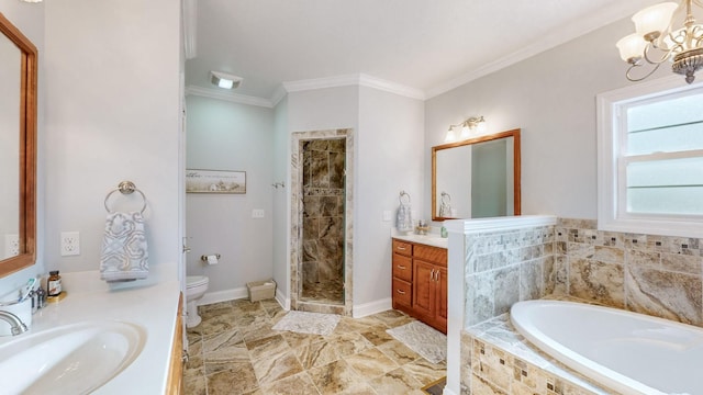 full bathroom featuring a stall shower, ornamental molding, two vanities, a sink, and a bath