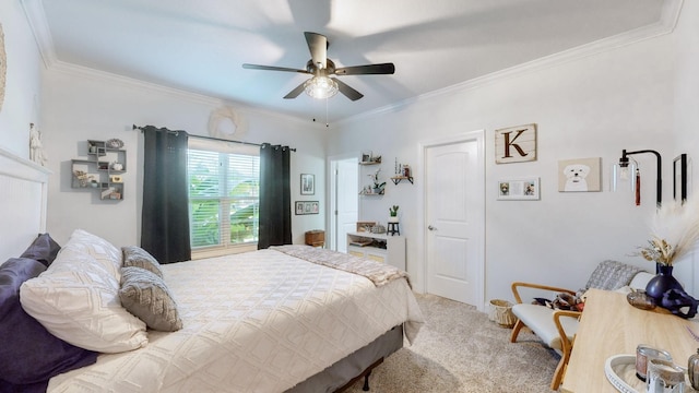 bedroom featuring ceiling fan, ornamental molding, and light colored carpet