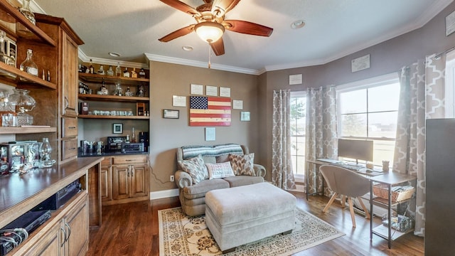 interior space with a ceiling fan, baseboards, dark wood finished floors, and crown molding