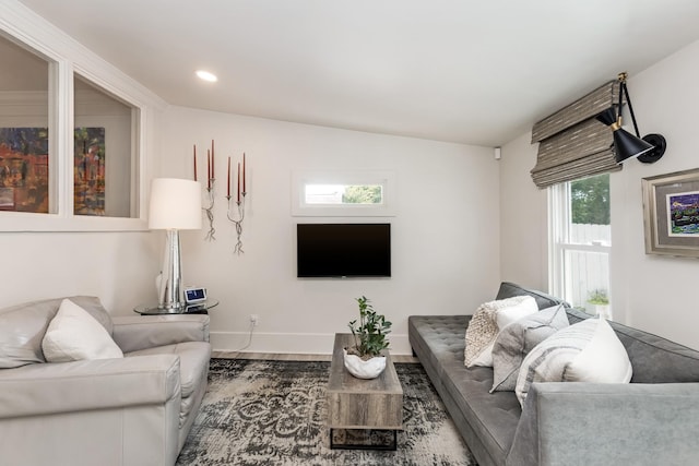 living room featuring baseboards, wood finished floors, and recessed lighting