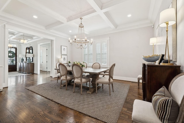 dining area with baseboards, dark wood-type flooring, coffered ceiling, and an inviting chandelier