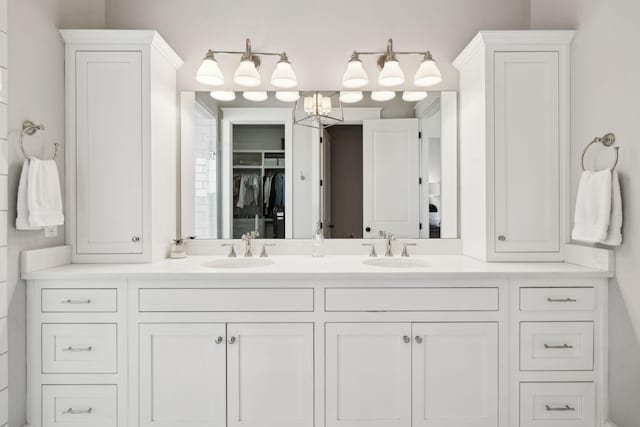 bathroom featuring double vanity, a spacious closet, and a sink