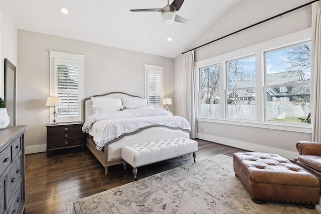 bedroom with lofted ceiling, baseboards, dark wood-type flooring, and recessed lighting