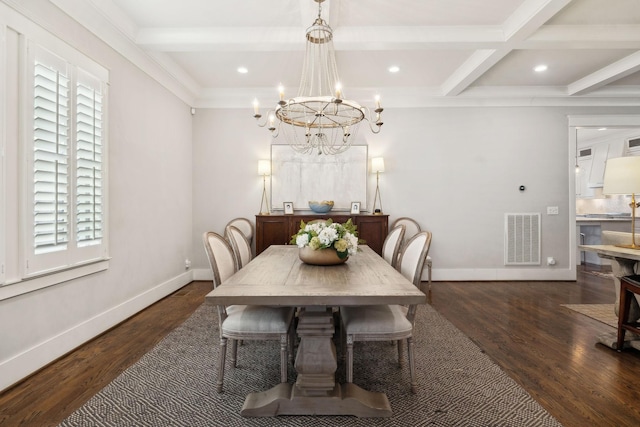 dining area featuring dark wood-style floors, baseboards, visible vents, and beamed ceiling