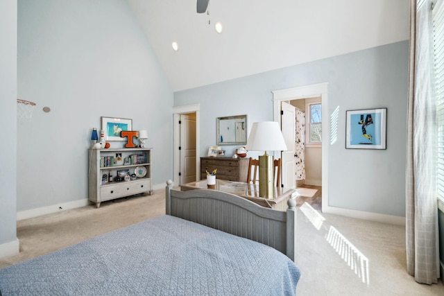 bedroom featuring carpet floors, baseboards, high vaulted ceiling, and a ceiling fan