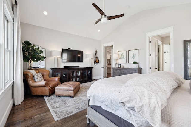 bedroom with a ceiling fan, vaulted ceiling, dark wood-style flooring, and recessed lighting