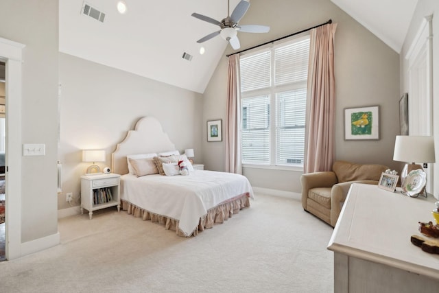 bedroom featuring baseboards, visible vents, vaulted ceiling, and carpet flooring