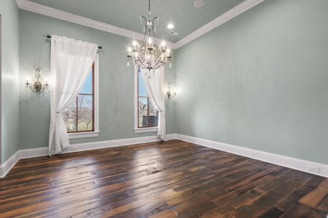 interior space with crown molding, a notable chandelier, baseboards, and wood-type flooring