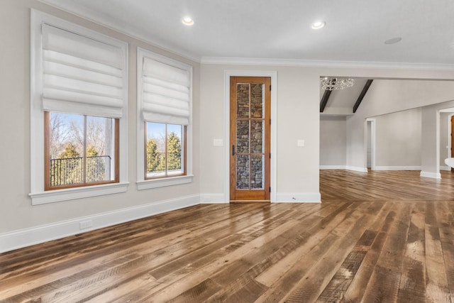 unfurnished room with recessed lighting, crown molding, baseboards, and wood finished floors