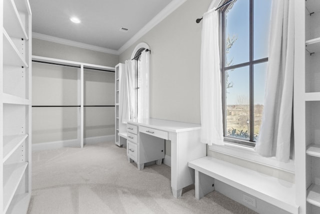 spacious closet featuring visible vents and light colored carpet