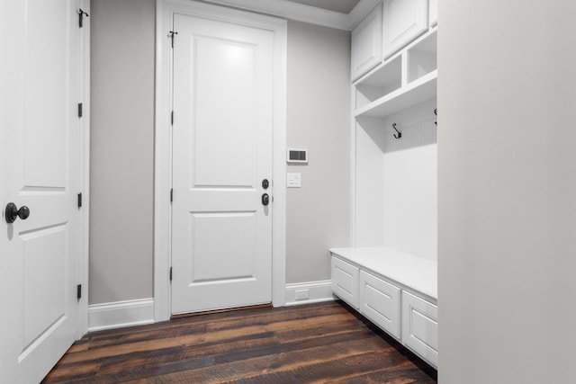 mudroom featuring baseboards and dark wood-style flooring