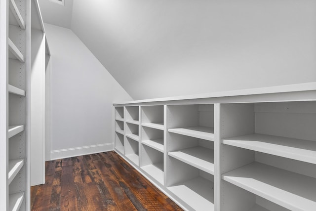 spacious closet with vaulted ceiling and wood finished floors