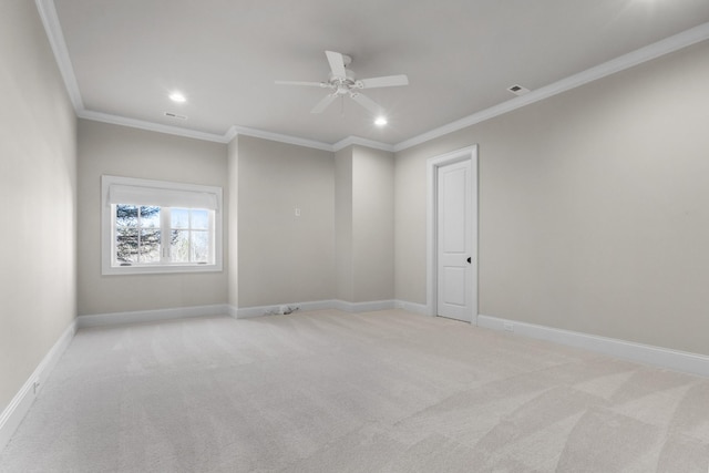 unfurnished room featuring baseboards, recessed lighting, ceiling fan, ornamental molding, and light colored carpet