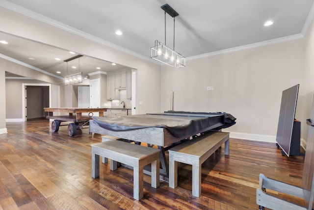 dining area featuring pool table, crown molding, baseboards, recessed lighting, and dark wood-style floors