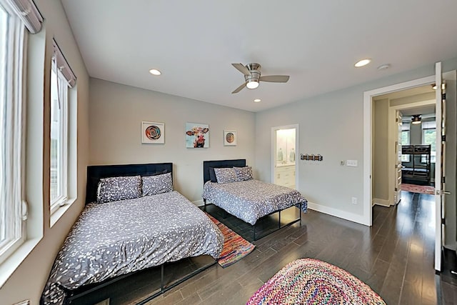 bedroom featuring a ceiling fan, recessed lighting, dark wood-style flooring, and baseboards