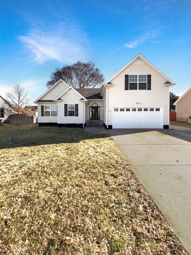 view of front of property with an attached garage, fence, a front lawn, and concrete driveway