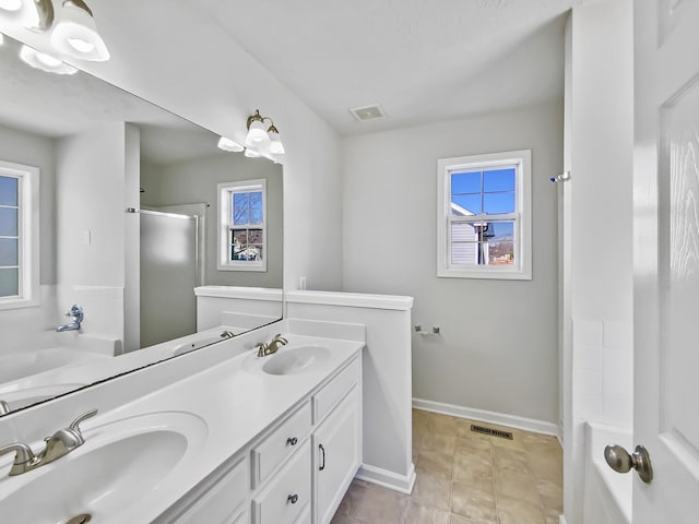 1173 Snoopy Dr, Clarksville, TN 37040 - full bathroom with a healthy amount of sunlight, a sink, visible vents, and a shower with door