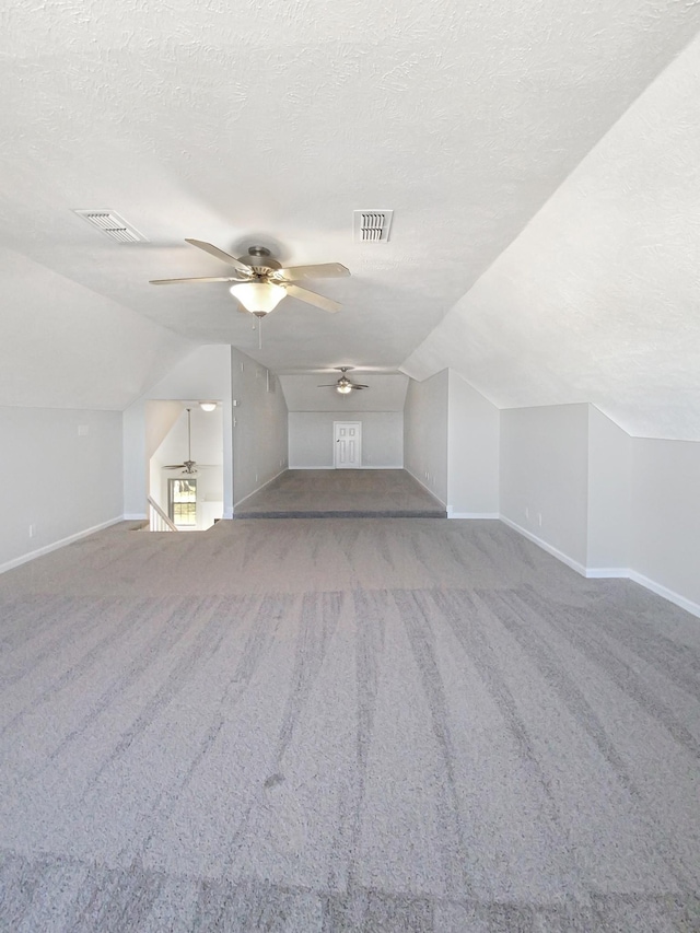 1173 Snoopy Dr, Clarksville, TN 37040 - additional living space with a textured ceiling, lofted ceiling, carpet floors, visible vents, and baseboards