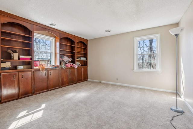 unfurnished office with light colored carpet, visible vents, a textured ceiling, and baseboards