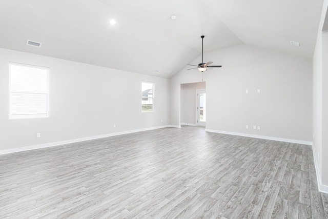 unfurnished living room featuring ceiling fan, visible vents, baseboards, vaulted ceiling, and light wood finished floors