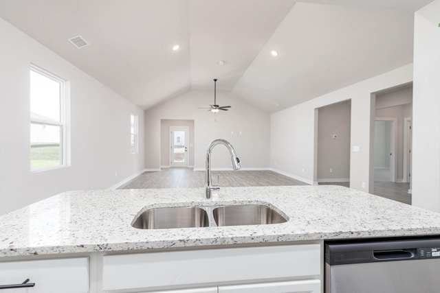 kitchen featuring a sink, visible vents, white cabinetry, open floor plan, and stainless steel dishwasher