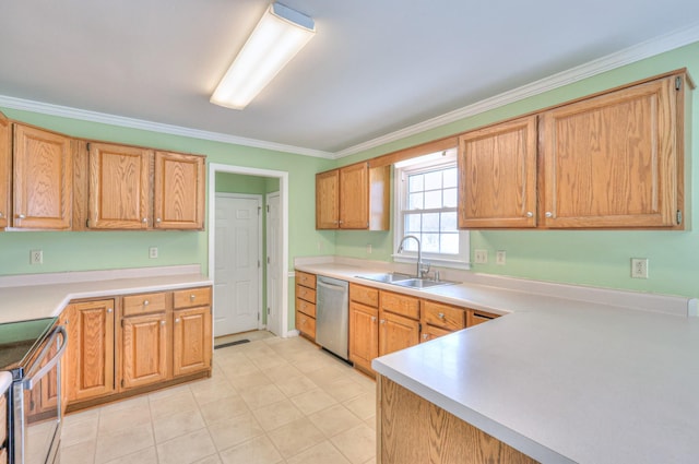 kitchen with a sink, stainless steel appliances, crown molding, and light countertops