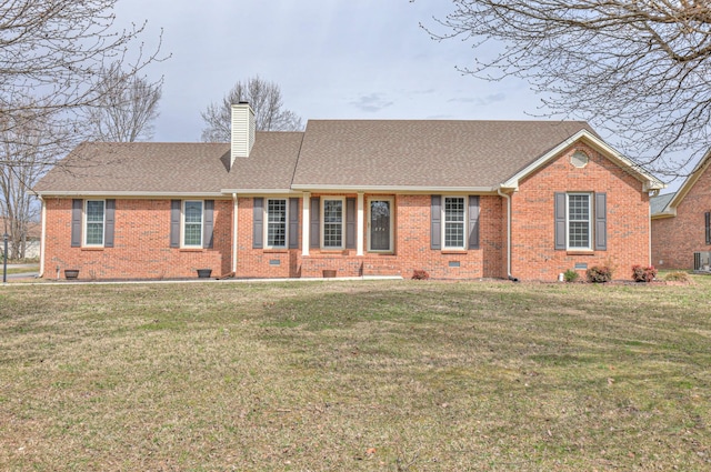 ranch-style house featuring crawl space, a chimney, a front lawn, and roof with shingles