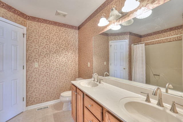 full bathroom with a sink, visible vents, and wallpapered walls