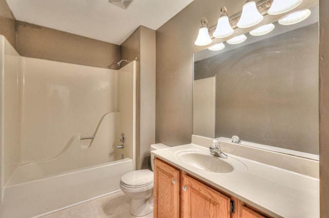 bathroom featuring visible vents, toilet, washtub / shower combination, tile patterned flooring, and vanity