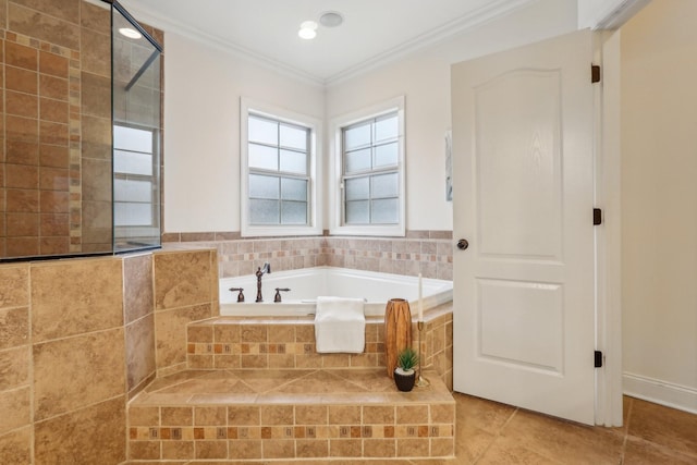 full bath with tile patterned floors, tiled shower, a garden tub, and ornamental molding