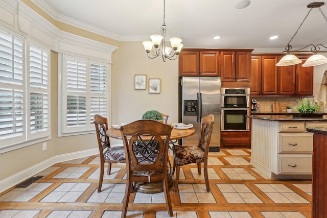 dining room featuring light tile patterned floors, recessed lighting, crown molding, and baseboards