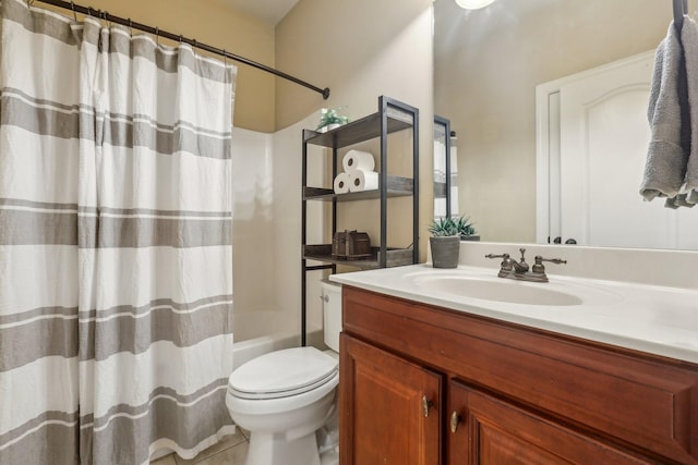 bathroom featuring shower / tub combo, toilet, and vanity