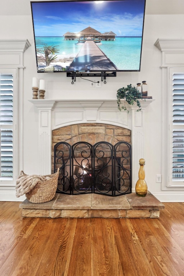 room details featuring a fireplace with raised hearth and wood finished floors