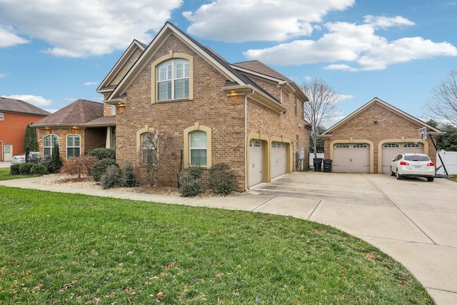 view of home's exterior featuring a garage, brick siding, concrete driveway, and a yard