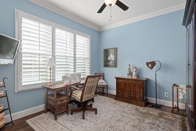 home office with baseboards, ornamental molding, ceiling fan, and wood finished floors