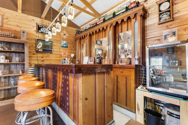 bar featuring vaulted ceiling, a dry bar, and wood walls