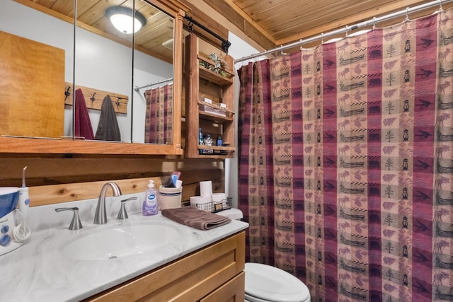 full bathroom with toilet, wooden ceiling, a shower with curtain, and vanity