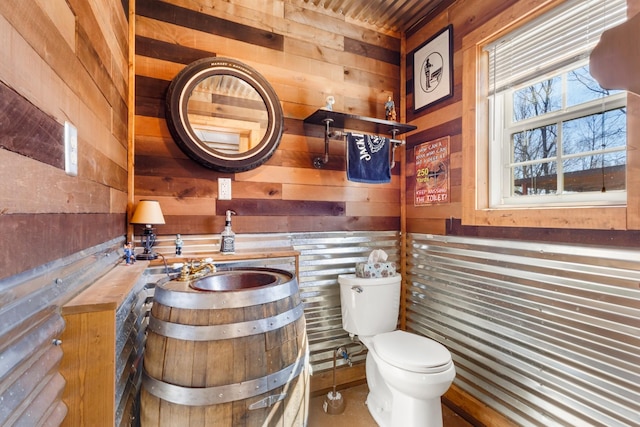 bathroom with toilet, wooden walls, and vanity