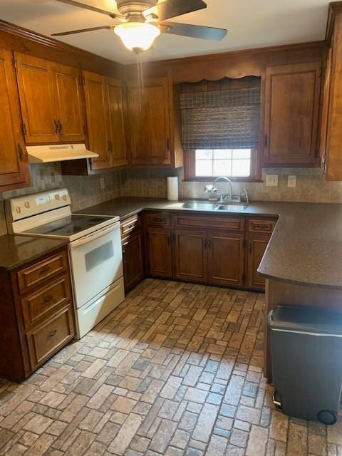 kitchen with electric stove, dark countertops, backsplash, under cabinet range hood, and a sink