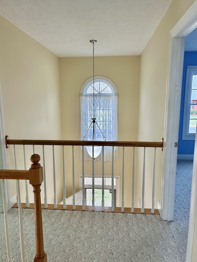 interior space featuring a textured ceiling, carpet flooring, and baseboards