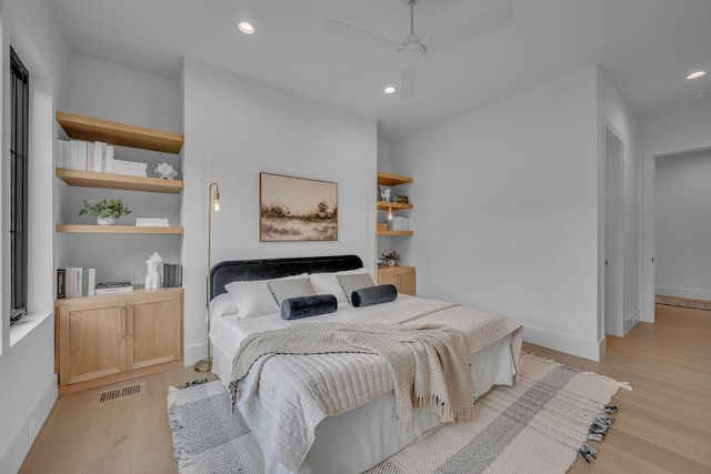 bedroom with recessed lighting, visible vents, baseboards, and light wood-style floors