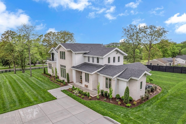 view of front of home featuring fence, a shingled roof, a front yard, and stucco siding